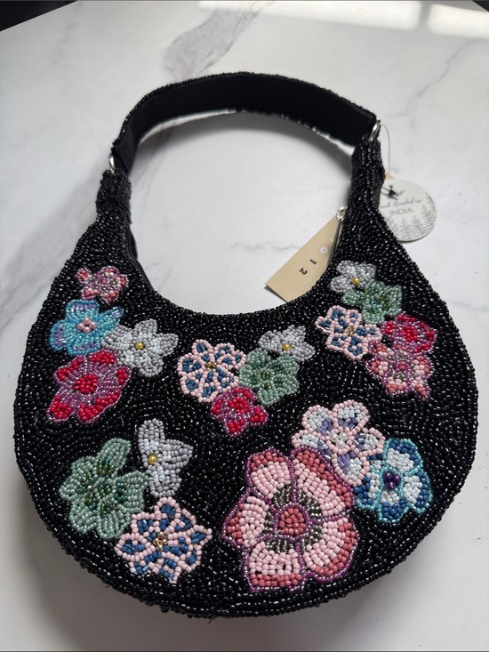 studio 12 Handbags - Beaded Floral Black Crescent Shoulder Bag